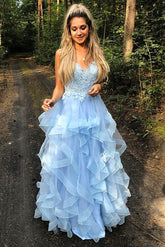Blue Princess Sweet 16 Dress, Spaghetti Straps Tiered Graduation Prom Dress